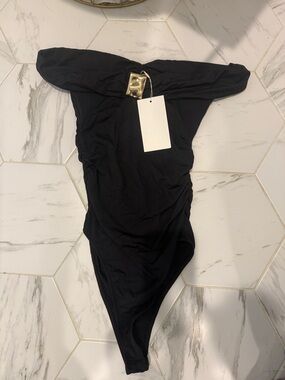 Zara Black Off-Shoulder Bodysuit with Gold Accent